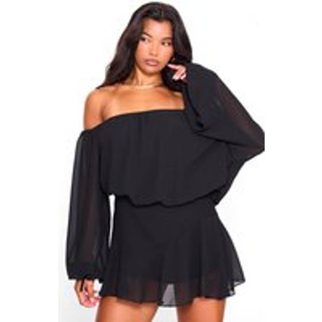 Black Chiffon One Shoulder Floaty Skort Playsuit, Black - 6