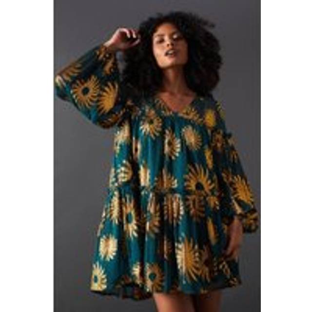 Warehouse Womens Sun Metallic Jacquard Frill Detail Mini Smock Dress - Dark Green viscose - Size 8 UK