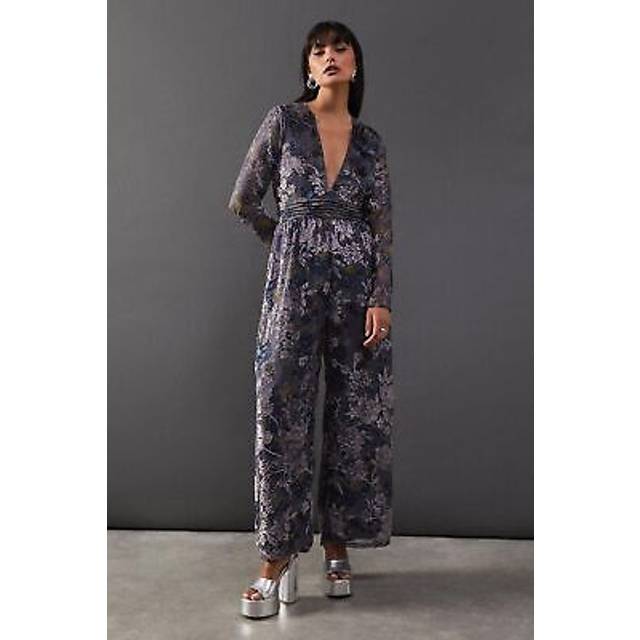 Womens Burnout Velvet Plunge Neck Waisted Jumpsuit - Grey - 10
