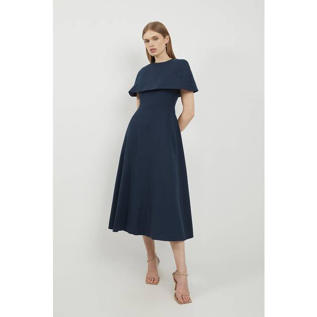 Lydia Millen Tall Structured Crepe Cape Sleeve Full Skirt Tailored Midaxi Dress - Navy