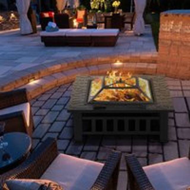 Large 3 in 1 Fire Pit with BBQ Grill Shelf, Outdoor Metal Brazier Square Table Firepit Garden Patio Heater/BBQ/Ice Pit - Black - One Size