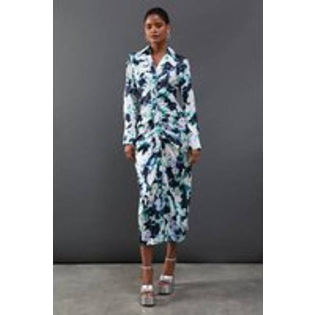 Warehouse womens midi dress floral floral satin long sleeve collared