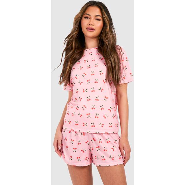 Womens Cherry Print Short Sleeve T-Shirt & Shorts Pyjama Set - Pink - 10