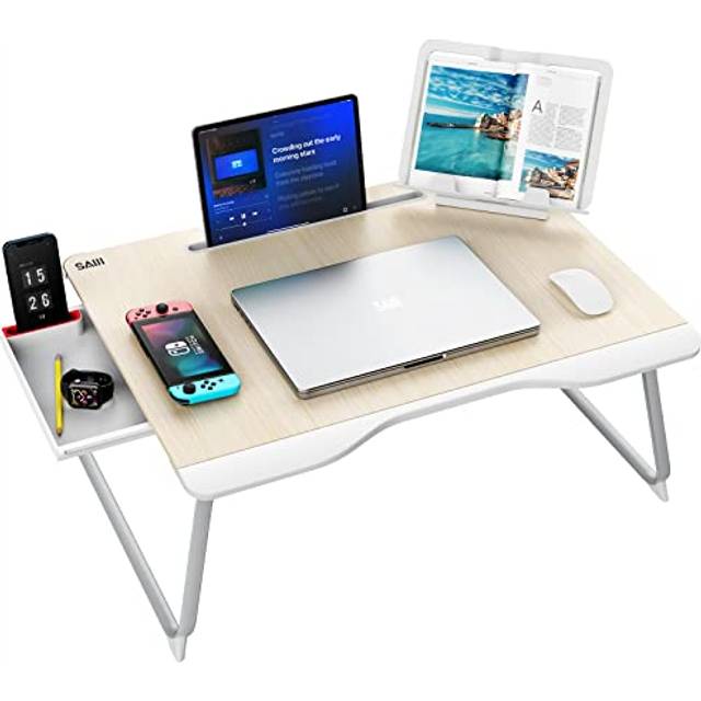 Table, SAIJI laptop tray Large Desktop, with Bookstand, Drawer, Phone Stand, komfortable Handrest, Foldable laptop tray, for Learning, Woking, Eating,