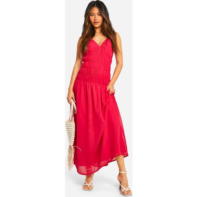Womens Chiffon Shirred Drop Waist Maxi Dress - Pink - 18
