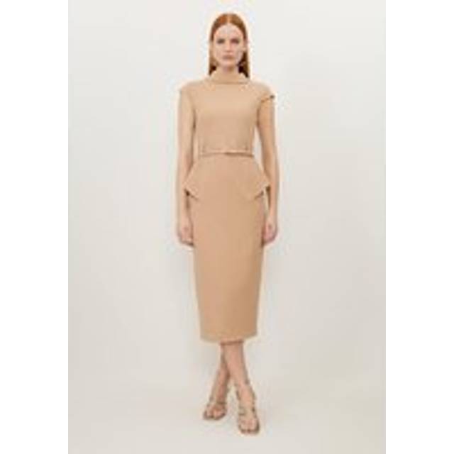 Structured Crepe Roll Neck Peplum Belted Midi Dress - Camel