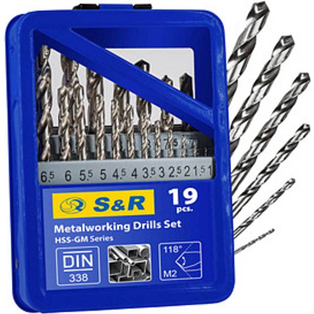 S&R Metallborrsats 1-10 mm, 19 stycken, GM DIN 338, jordad, HSS-stål, stållåda. Professionell kvalitet.
