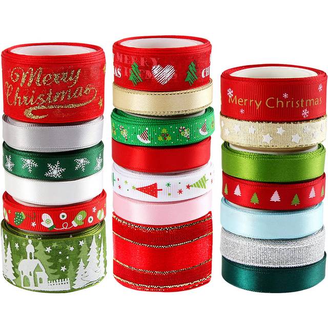20 Pieces 3 Size Christmas Ribbons for Craft Holiday Printed Grosgrain