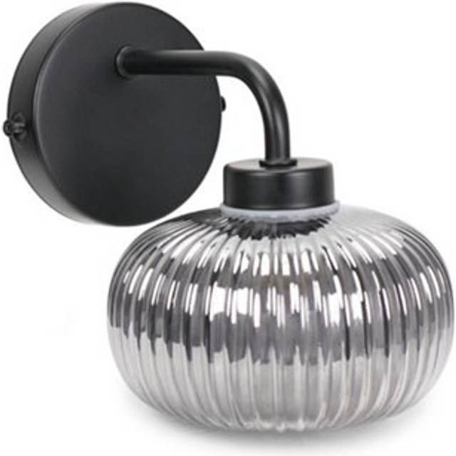 Amaia Matte Black IP44 Rated Single Smoked Ribbed Glass Wall Light with LED Bulb - One Size