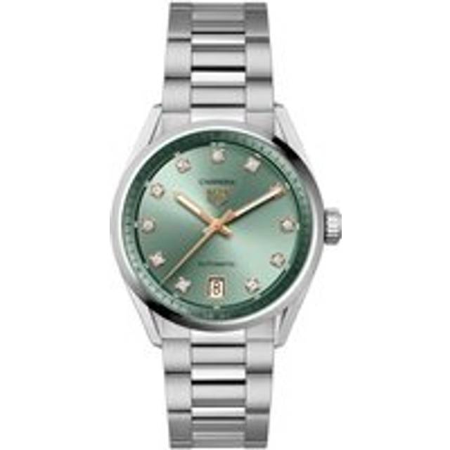 New - TAG Heuer Carrera Date 36mm Watch - Green Dial - Diamonds Indexes - Steel Band and Case