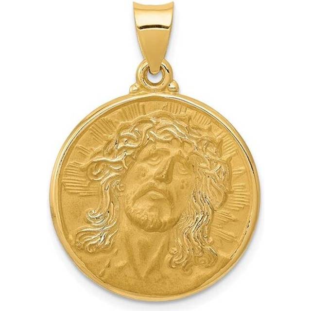 14K Yellow Gold Polished & Satin Face of Jesus Medal Hollow Pendant