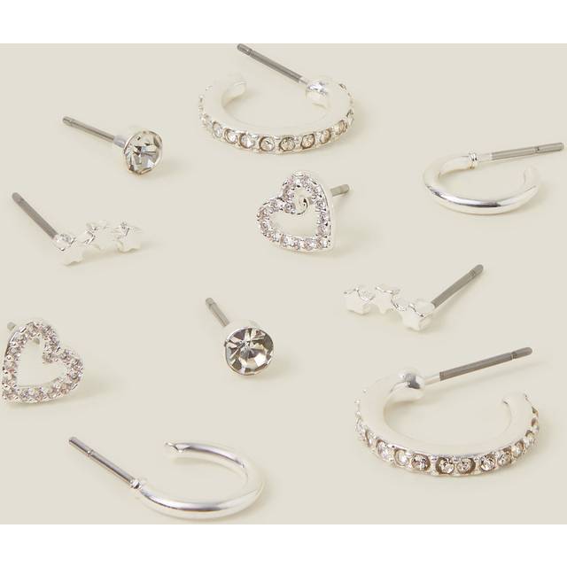 Silver 10-Pack Diamante Star Stud and Hoop Earrings, Women's - Accessorize - One Size
