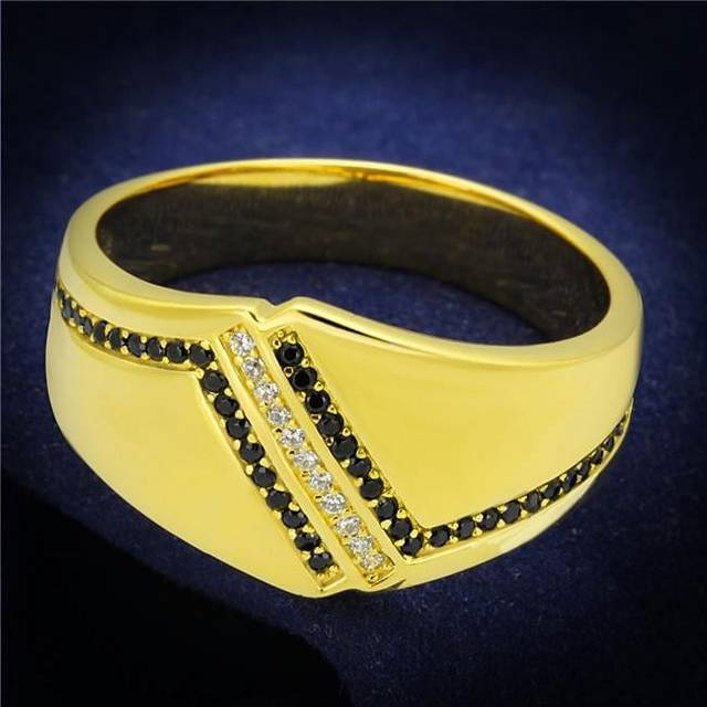 Alamode TS413-9 Men Gold 925 Sterling Silver Ring with AAA Grade CZ in Black Diamond - Size 9