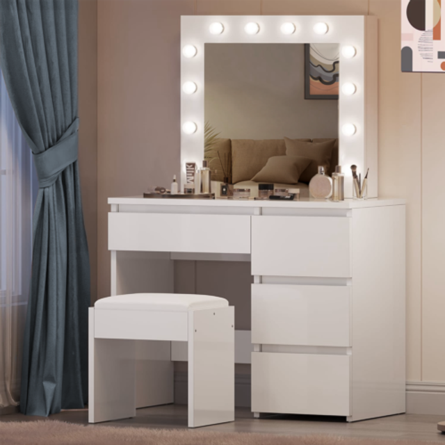White Dressing Table Hollywood LED Mirror Makeup Desk Vanity Table Bedroom Furniture