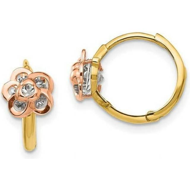 14K Two-Tone Yellow & Rose Gold Madi K CZ Flower Hinged Hoop Earrings