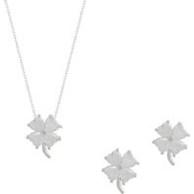 Womens Four Leaf Clover Sterling Silver Necklace and Earring Set - White - Grey - One Size