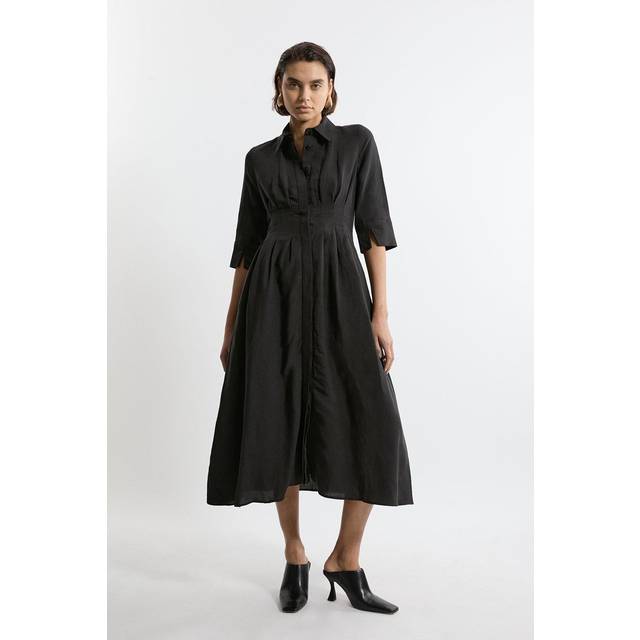 Lydia Millen Premium Tailored Linen Darted Waist Midi Dress - Black