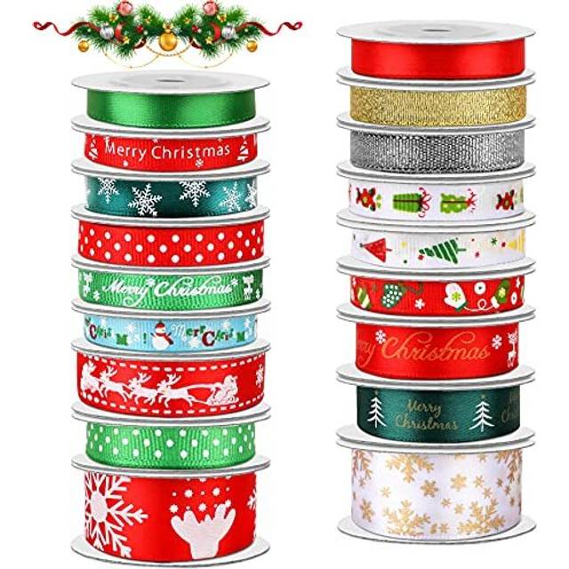 18 Rolls 90 Yards Christmas Ribbons Holiday Printed Grosgrain Satin Ribbon Metallic Glitter Craft Fabric for Xmas Gift Wrapping Decoration, 3 Sizes