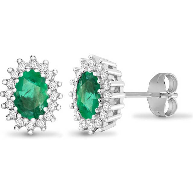 Jewelco London 9ct White Gold Cluster Set Round H I2 0.25ct Diamond and Oval Green 1ct Emerald Cluster Stud Earrings - 9E115