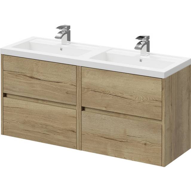 Wholesale Domestic Montego Wall Mounted Vanity Unit with Polymarble Double Basin and 4 Drawers | Autumn Oak | MDF | 1200mm