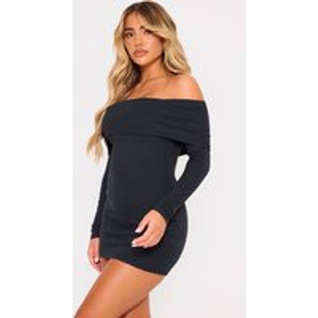 Black Rib Foldover Bardot Bodycon Dress, Black - 10