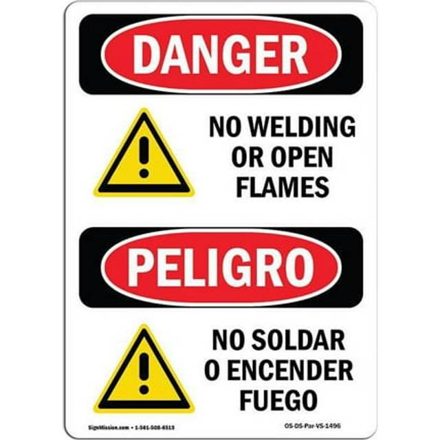 SignMission OS-DS-A-1014-VS-1496 10 x 14 in. OSHA Danger Sign - No Welding or Open Flames Bilingual