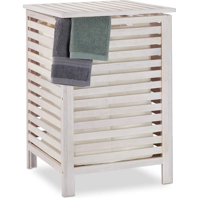 Laundry Hamper, Walnut, 52 l, Vintage, Removable Laundry Bag, 65.5 x 45 x 45 cm, White - Relaxdays