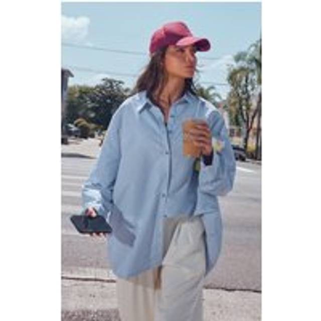Blue Striped Oversized Cotton Shirt, Blue - 10