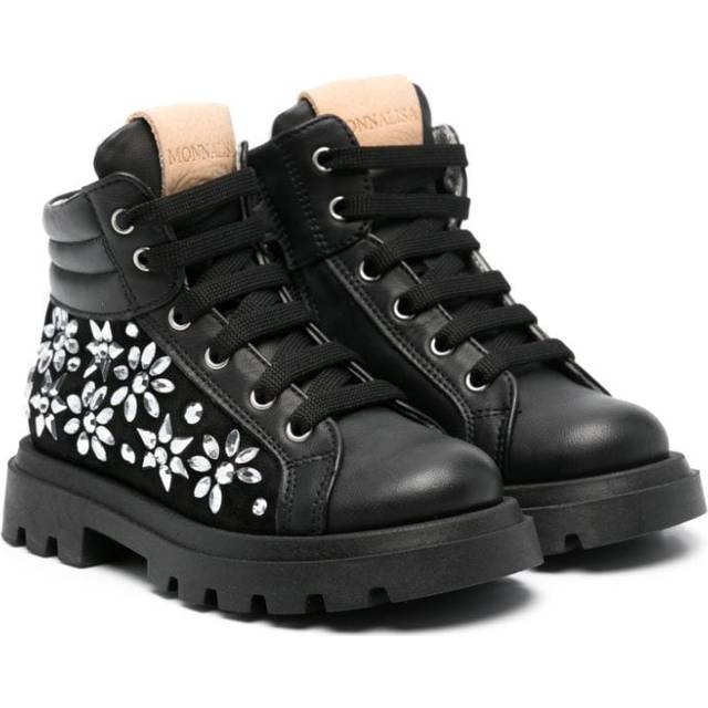 Monnalisa - rhinestone-embellished leather boots - kids - Calf Leather/Goat Skin/Elastodiene - 35 - Black