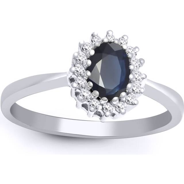 (I) Jewelco London 9ct White Gold H I2 0.12ct Diamond and Oval Blue 0.56ct Sapphire Classic Royal Cluster Ring 9mm - Silver