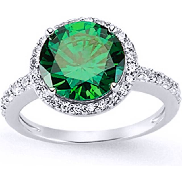 (P) Jewelco London Ladies Rhodium Plated Sterling Silver Green Cubic Zirconia Halo Engagement Ring
