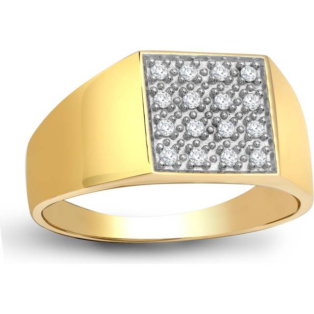 (W) Jewelco London Men&#39;s Solid 9ct Yellow Gold Pave Set Round H I2 0.25ct Diamond Square Cluster Signet Ring 11mm