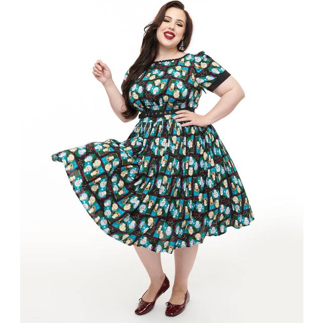 The Golden Girls X Unique Vintage Plus Size Black & Blue The Golden Girls Print Swing Dress - 1X/16