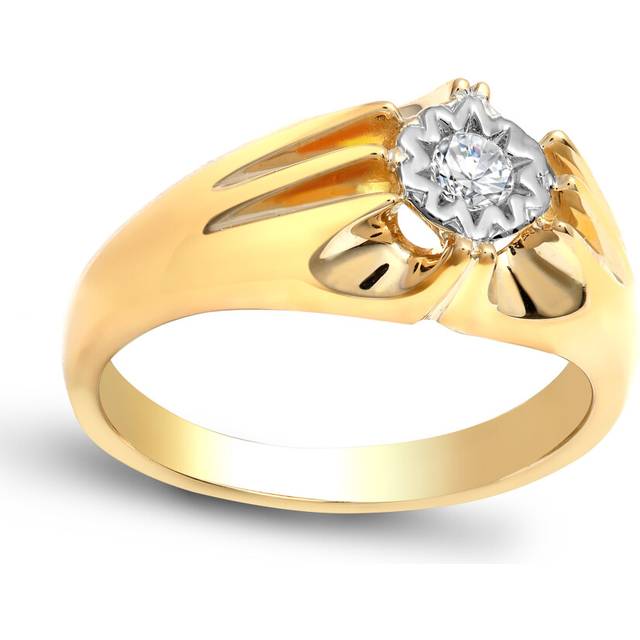 (V) Jewelco London Men's Solid 9ct Yellow Gold Gypsy Set Round H I2 0.2ct Diamond Gypsy Solitaire Ring 9mm