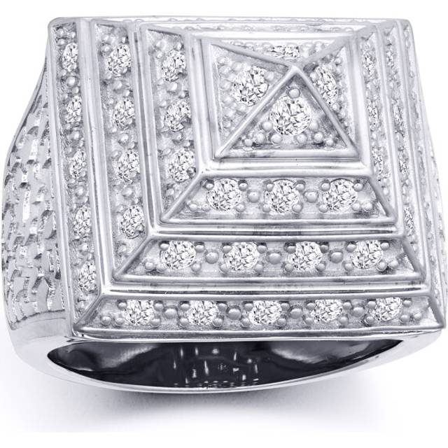 (V) Jewelco London Men's Rhodium Plated Sterling Silver White Round Brilliant Cubic Zirconia Egyptian Pyramid 25mm Signet Ring - ARN131C