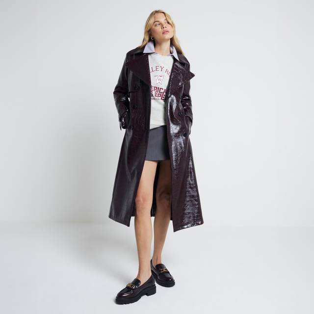 River Island Womens Red Faux Leather Croc Embossed Trench Coat - XS