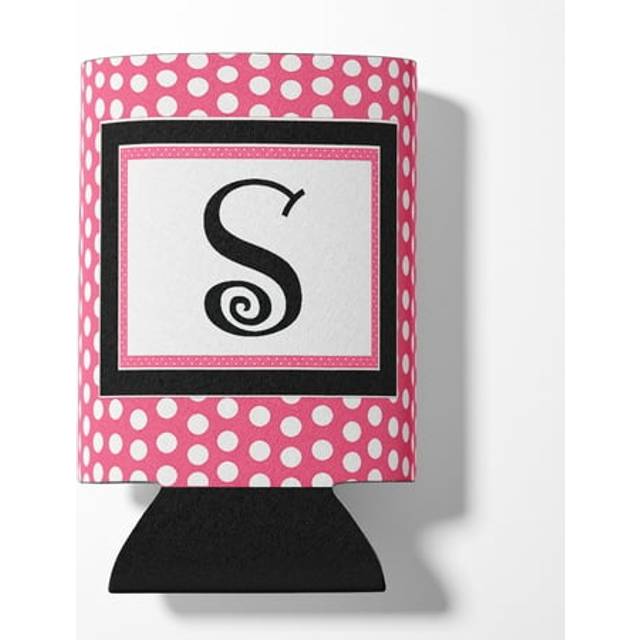 Letter S Initial Monogram - Pink Black Polka Dots Can or Bottle Beverage Insulator Hugger
