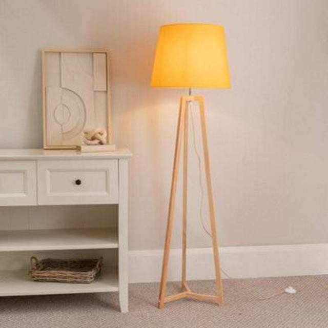 Lottie Natural Wood Tripod Floor Lamp with Fabric Tapered Shade - Yellow - One Size