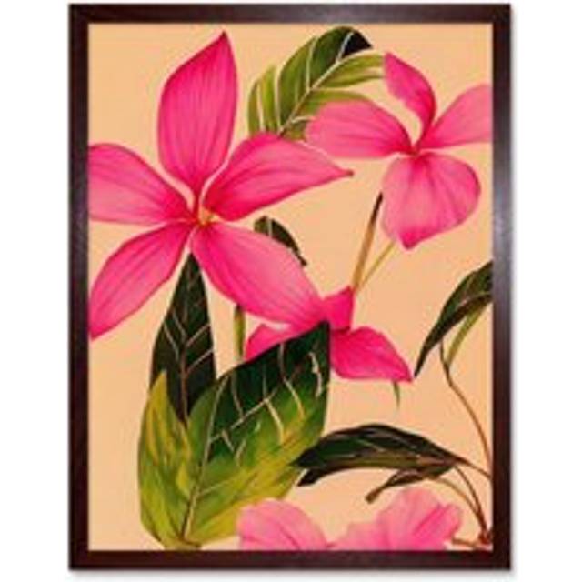 Wall Art Print Exotic Pink Plumeria Flower Plant Blooms Watercolour Pencil Art Framed - Brown - W12 inch x H16 inch