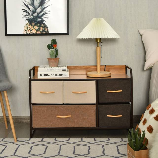 4/5/7-Drawer Dresser, Fabric Chest Of Drawers Storage Tower With Wooden Top, Metal Frame Cabinet Organiser Unit For Bedroom, Living Room And Hallway ( - Black;Brown;Grey (58cm H X 87cm W X 29cm D)