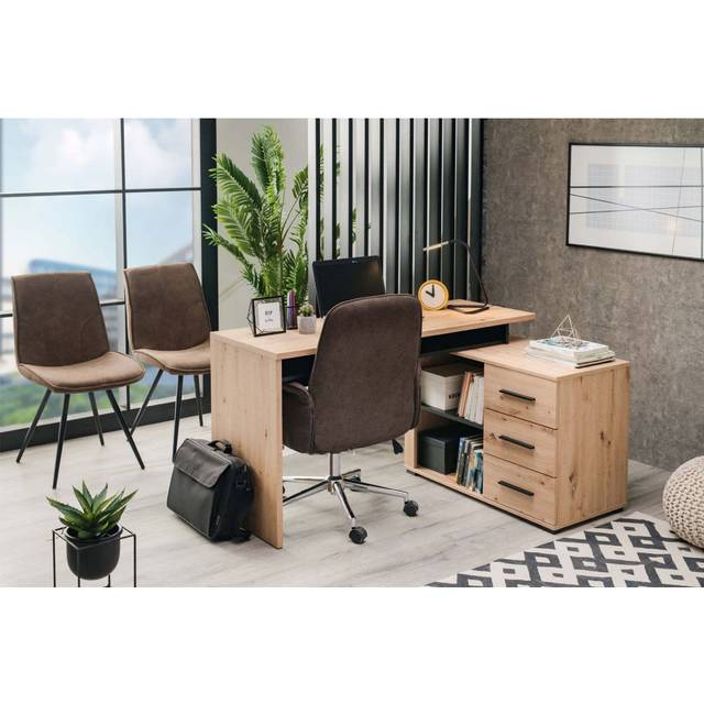 Ama Large Oak And Black Corner Desk With Drawers – Industrial Home Office Desk For Study, Computer, And Laptop Use (75cm H X 160cm W X 55cm D)