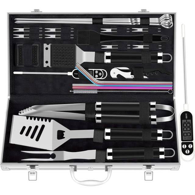 26Pcs Extra Thick Stainless Steel Grill Tool Set, Heavy Duty Grilling Accessories Kit For Backyard, BBQ Utensils Gift Set With Meat Thermometer In Alu - Stainless Steel;Black (6.8cm W)