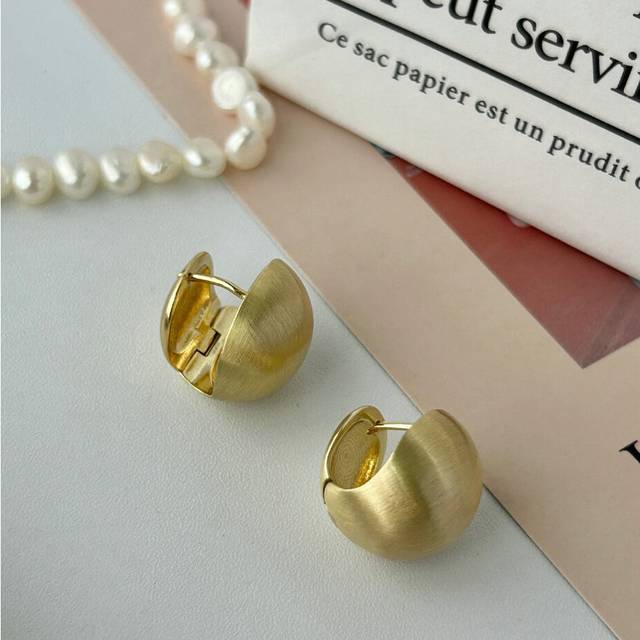 (Brushed Gold) Classic Korean Textured Smooth Gold Half Circle Earrings For Women