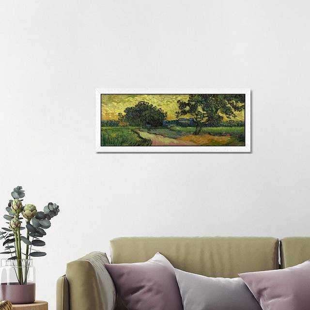 &#39;Landscape at Twilight&#39; by Vincent Van Gogh- Floater Frame Panoramic Painting Print on Canvas - White (51cm H x 152cm W x 4cm D)