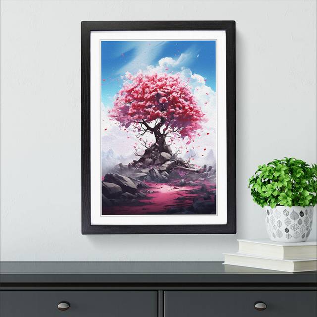 Cherry Blossom Tree Digital No.2 - Single Picture Frame Art Prints on Wood - Black Framed (34cm H x 25cm W x 2cm D)