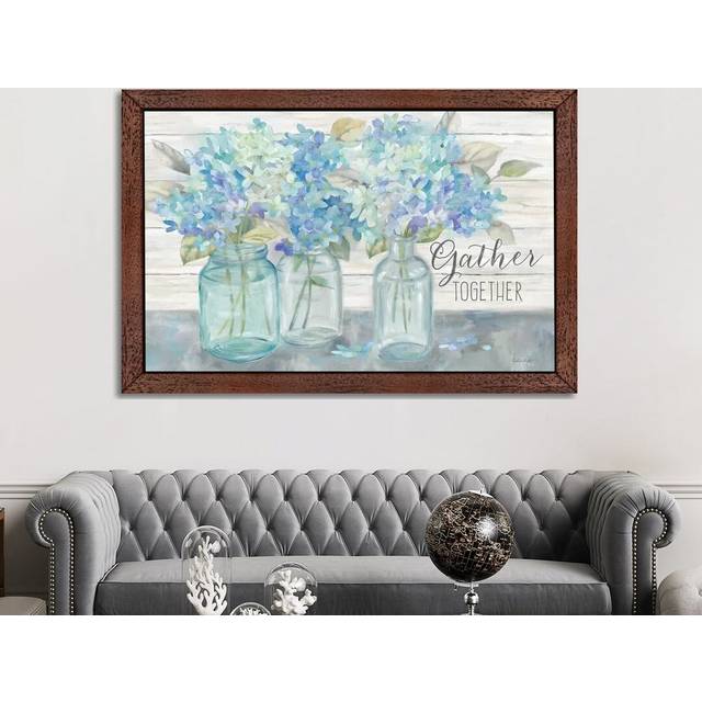 'Farmhouse Hydrangeas in Mason Jars -Gather' by Cynthia Coulter - Floater Frame Painting Print on Canvas - Brown (101.6 cm H x 66.04 cm W)