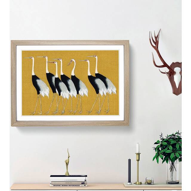 Japanese Red Crown Cranes by Ogata Korin - Picture Frame Graphic Art Print on MDF - Oak Framed (27cm H x 36cm W x 2cm D)