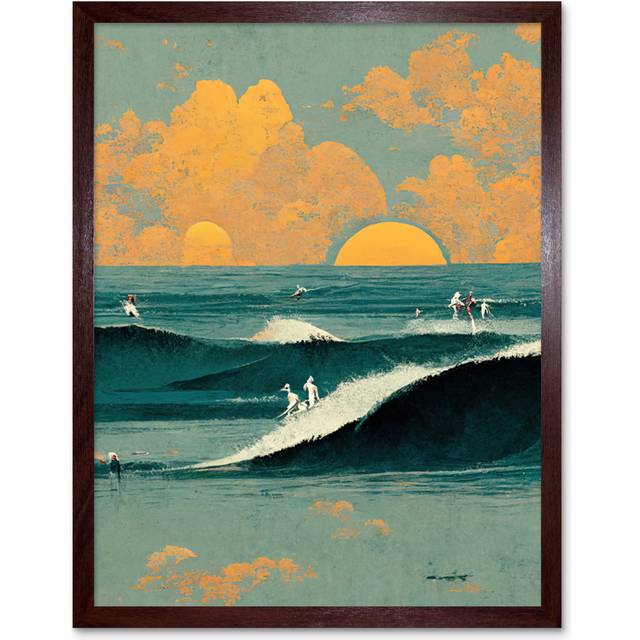 Surfers Surfing Chasing Waves Sunset Abstract - Art Prints - Brown Framed Unframed (25.9cm H x 20.6cm W x 1.5cm D)