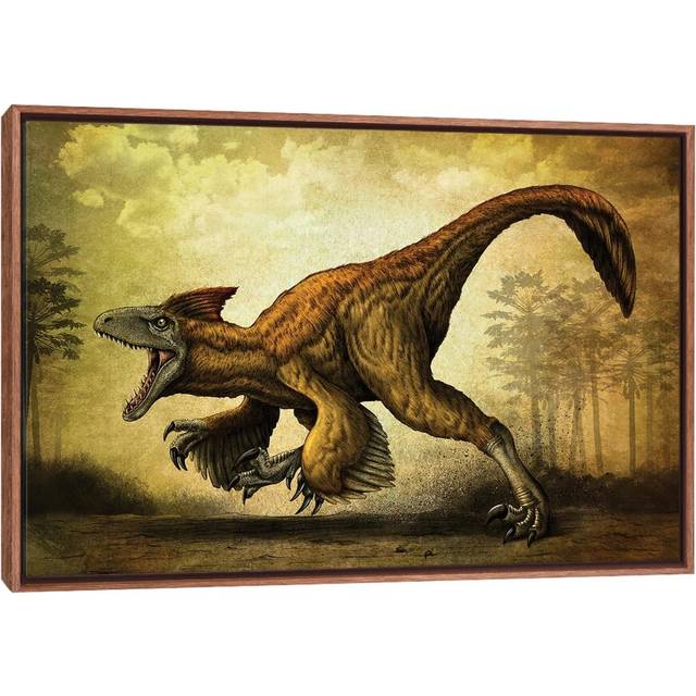 Utahraptor, a Large Dromaeosaur Dinosaur from the Cretaceous Period by Aram Papazyan - Painting on Canvas - Brown Framed (101.6 cm H x 66.04 cm W)