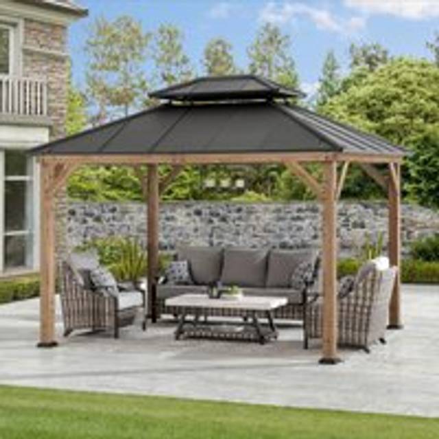 Sunjoy 3 x 3.6m Anthracite 2 Tier Cedar Wood Gazebo - Black